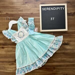 NWT Serendipity Clothing Co. Blue Cotton Candy Unicorn Embroidered Pinafore 3T